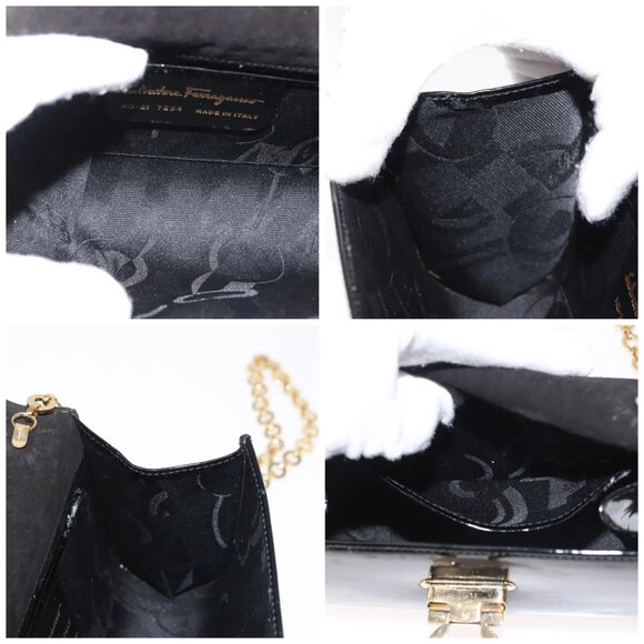Salvatore Ferragamo Chain Gancini Shoulder Bag Enamel Black Gold Auth 142666 - Picture 15 of 16